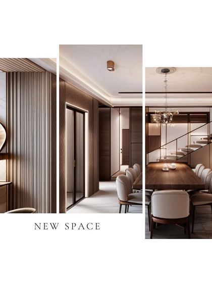 A collage showing a dining space with a large wooden table and comfortable upholstered chairs. The design is characterized by warm wood tones, fluted wall panels, and a modern staircase in the background.