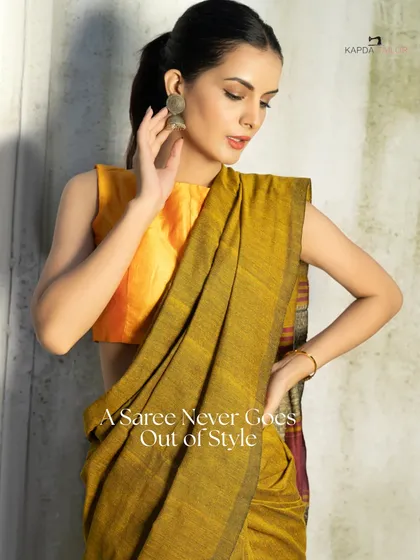 Stay cool, stay classic. This Khadi cotton saree is light on the body and rich in character, making it a beautiful and breathable choice for summer soirees.