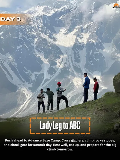Day 3: We push ahead to Advance Base Camp (ABC), crossing glaciers and climbing rocky slopes to prepare for summit day.