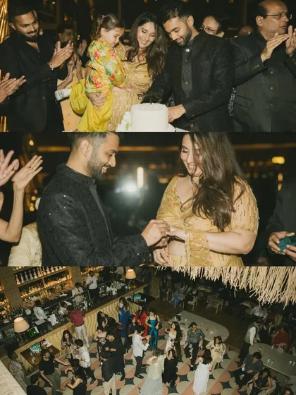 A story in three parts from Juhi and Jay's engagement party: the cake cutting with family, the ring exchange, and the lively party atmosphere from above.