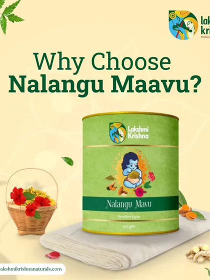 Why choose Nalangu Maavu? This graphic highlights the traditional significance and numerous benefits of our herbal bath powder, from skin nourishment and exfoliation to its soothing, cooling effect.
