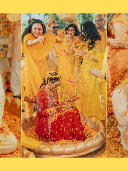 A collage showing the pure, unadulterated fun of a Haldi, with Alankrit and Parul being showered in flower petals and turmeric by their loved ones.