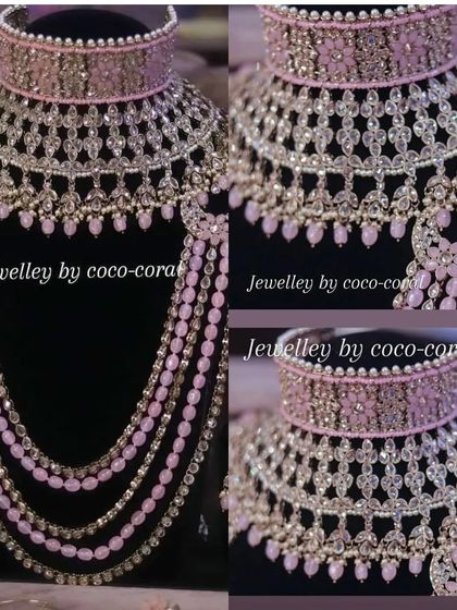 A collage showing a pink and silver-toned choker and matching layered necklace.