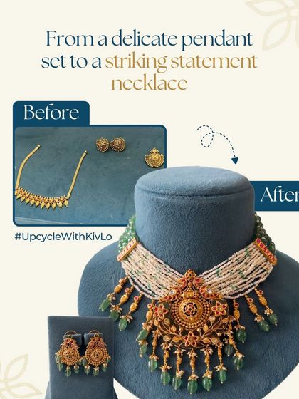 A delicate pendant set was reworked for a mother to wear at her daughter's wedding. We created a striking statement necklace using the old gold, adding layers of pearls and green beads for a grand yet elegant finish.