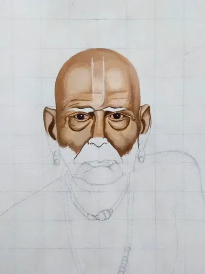 Further progress on the Swami Samarth painting. I'm continuing to define the facial features and add mid-tones before moving on to the finer details and textures.