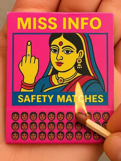 A matchbox branded 'MISS INFO' with a woman giving the middle finger. A sharp, graphic commentary on the spread of misinformation, designed in the style of classic Indian matchbox art.