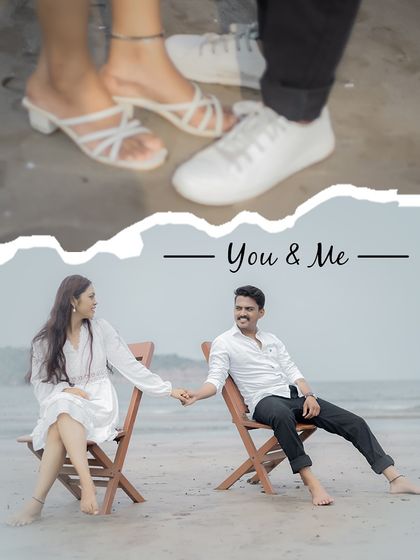 A creative composition focusing on the couple's connection, both in a close-up of their feet and a relaxed portrait on beach chairs.