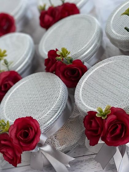 A top-down view of our beautifully decorated almond jars for Navratri.