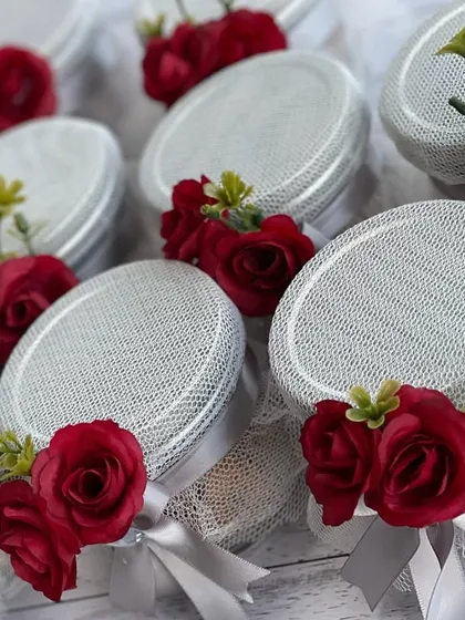 A top-down view of our beautifully decorated almond jars for Navratri.