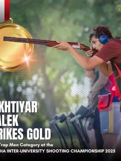 An action shot celebrating Bakhtiyar Malek's Gold Medal win in the Trap Men category at the All India Inter-University Championship, a testament to our high-performance training.