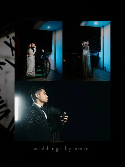 A dark and moody collage with a creative clock overlay. This set of images shows a glamorous couple in dramatic lighting, perfect for a cinematic feel.
