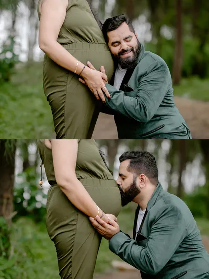 A two-photo set showing the father-to-be's affection, both listening to and kissing the baby bump during an outdoor shoot in a wooded area.