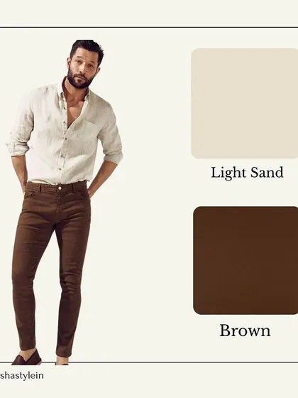 Brown trousers are a versatile addition to a man's formal wardrobe. This light sand shirt paired with brown trousers is a classic, earthy combination that looks effortlessly stylish.