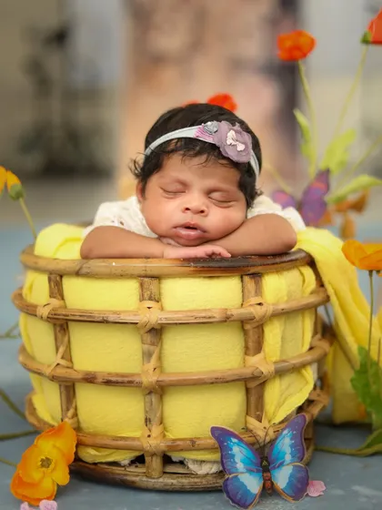 A close-up of our little garden dreamer. You can see her peaceful expression as she sleeps in the yellow basket.