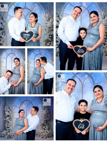 A wonderful studio maternity session celebrating the upcoming arrival of a baby girl. This collage shows the variety of poses we can do, from couple portraits to family shots with the older sibling, using fun props to announce the big news.