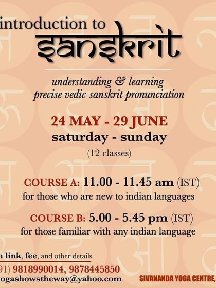 An announcement for our online Introduction to Sanskrit course. This workshop helps students learn precise Vedic pronunciation to enrich their chanting and meditation practice.