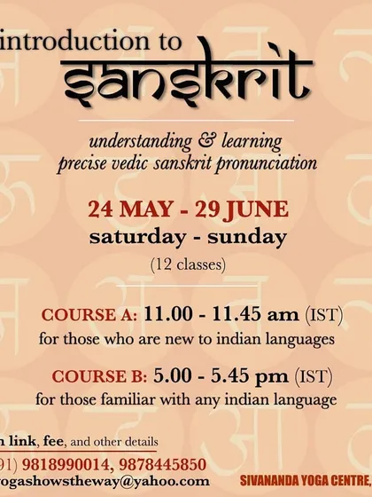 An announcement for our online Introduction to Sanskrit course. This workshop helps students learn precise Vedic pronunciation to enrich their chanting and meditation practice.