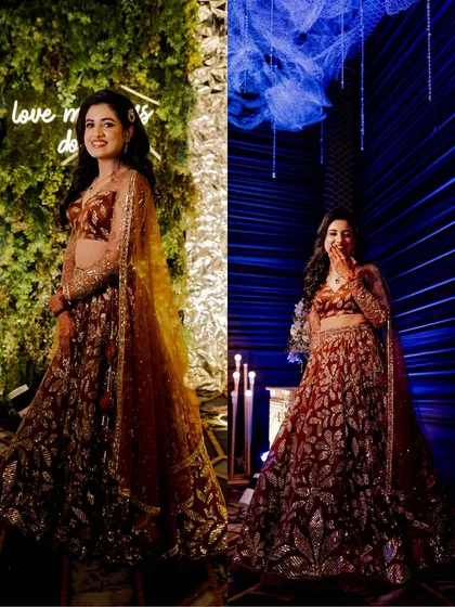 A diptych of the bride, Neha, looking radiant at her Sangeet. I captured her against two different backdrops, one natural and one dramatic blue, to showcase her stunning outfit and happy glow.