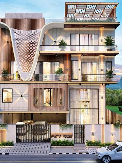 This residential building showcases a dynamic facade with interlocking geometric forms, wood-paneled sections, and a unique curved mesh element. It’s a modern, innovative design that gives the building a distinct identity and incredible curb appeal.