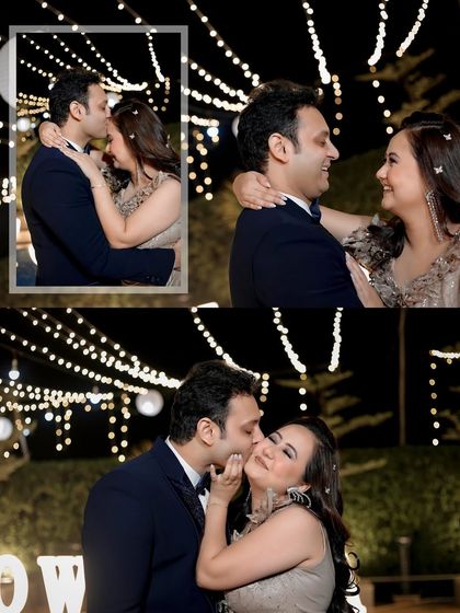 A collage of candid moments from an engagement party, filled with laughter, kisses, and dancing under the stars.