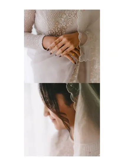 A two-part image showing the bride's hands and a close-up of her profile. This collage captures the soft, delicate details of her look and her serene demeanor.