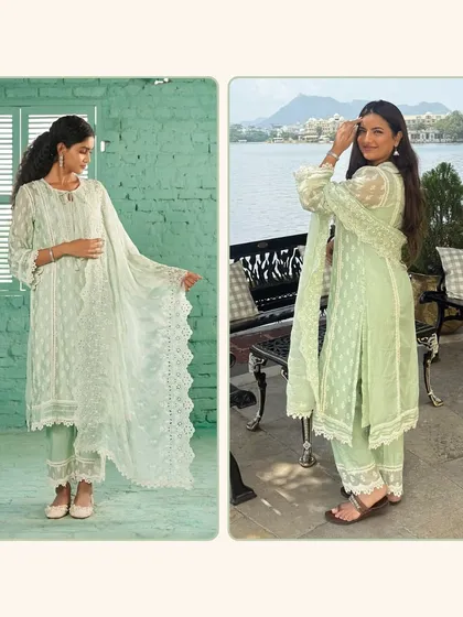 A side-by-side of the studio shot and Mrunu wearing the Aarina Green Kurta Set. It’s a soft, comfy, and pretty outfit you’ll want to live in.