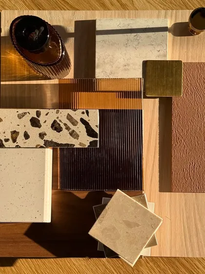 Another perspective of the earthy mood board, showcasing the interplay of light and shadow on different surfaces. This exploration is crucial for understanding how materials will behave and feel within the final built environment.
