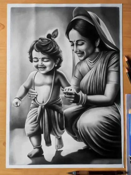 A heartwarming drawing of Baby Krishna with Yashoda, capturing a moment of pure joy and love.