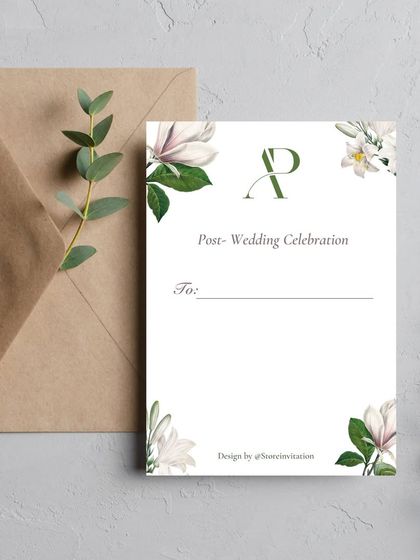 A modern and minimalist post-wedding celebration invitation. The design uses clean typography and is accented with elegant white magnolia flowers, perfect for a chic dinner or cocktail party.