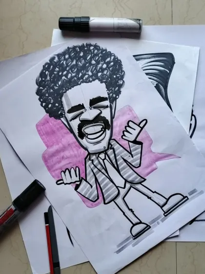 A caricature study of a character with an afro and a mustache. I often do studies from photos to practice exaggerating different features.