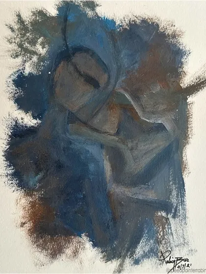 An abstract and moody acrylic on paper, this untitled piece uses shades of blue and brown to create a feeling of embrace or comfort.