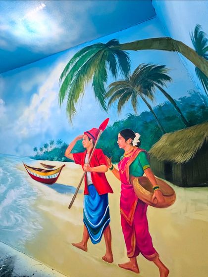 A detailed shot of the fisherman and woman from the Navratri mural. I pay close attention to the traditional clothing and posture to make the scene authentic.