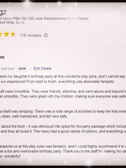 A screenshot of a 5-star Google review from a happy customer. She praises the attentive staff, the wide range of activities, and the delicious food from the party package.
