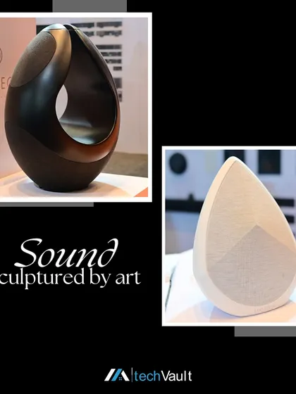 Sound sculpted by art. This image showcases speakers from Pantheon Audio, which are designed with an innovative shape to create a 360-degree sound experience. We integrate these unique pieces to provide both extraordinary audio and a strong design statement.