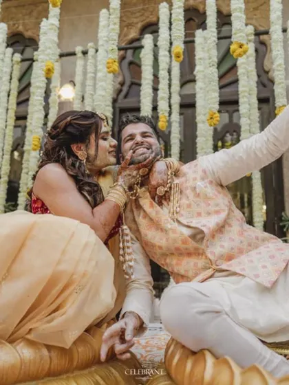 A fun selfie moment between the couple at their Haldi in Jodhpur.