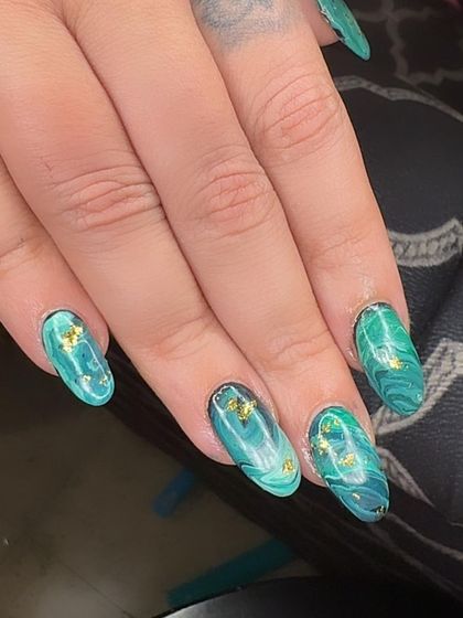 A close-up of the green marble effect, showing the depth and detail.