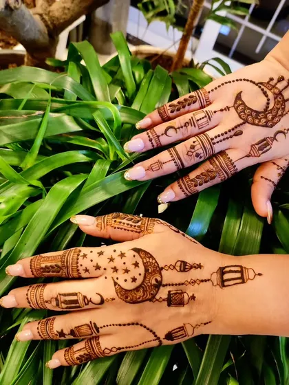 Henna is not just for weddings. I will show you how to create modern, thematic designs like this elegant Eid-inspired pattern with moons and lanterns, perfect for festivals and parties.