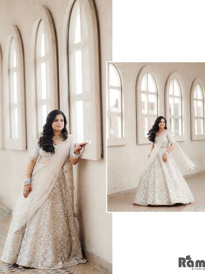 A collage of the bride posing in a corridor with beautiful arched windows, showcasing her grace and the architectural beauty of the location.