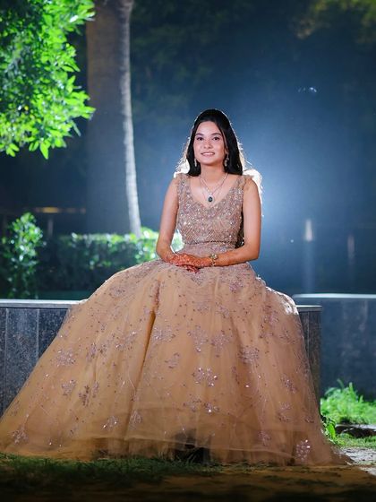 A seated portrait, showing the full flare of her beautiful gown.