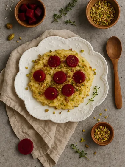We love to paint with flavors. This vibrant Beetroot Risotto is a testament to that, combining the earthy sweetness of beetroot with the creamy, rich texture of Arborio rice and pistachios for a dish that's as beautiful as it is delicious.