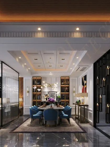 A grand view of the dining area, showcasing the coffered ceiling, built-in display cabinets, and the dramatic candle-like partition.