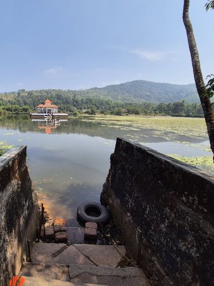 The serene Varanga Kere Basadi, a Jain temple in a lake that we visit.