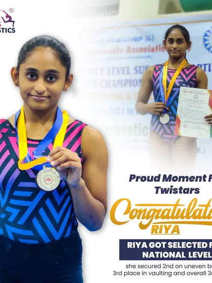 We celebrate every victory, big and small. It's a proud moment for the entire Twistars family when our gymnast Riya was selected for national-level competition after her incredible performance.