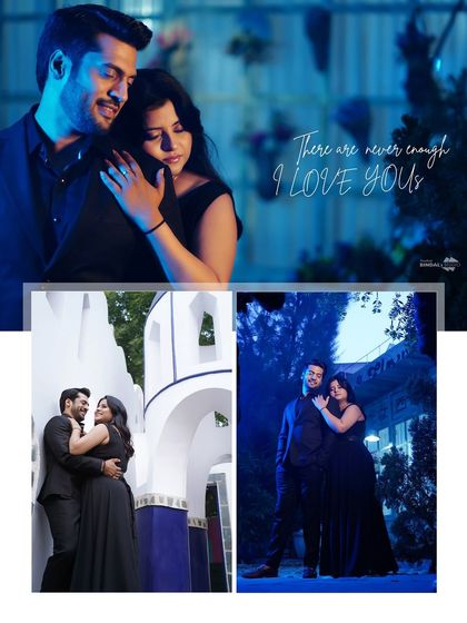 A collage showcasing the couple in matching black outfits. The cool blue lighting creates a modern, chic vibe for these romantic night portraits.