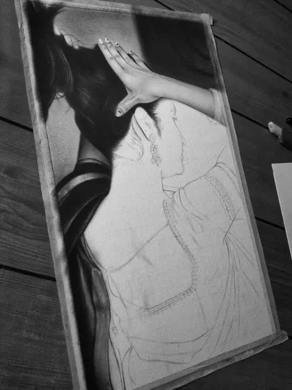 The Priyanka Mohan portrait in progress, showing the contrast between the shaded hair and the outlined clothing.