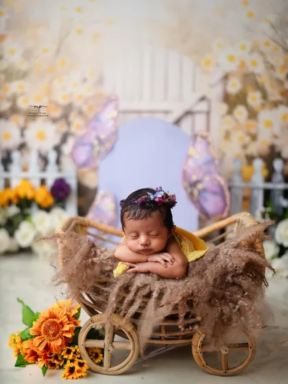 A newborn girl rests her head on her hands in a garden of daisies and butterflies. This floral newborn setup is perfect for celebrating a new little blossom in the family.