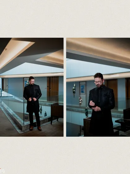 A pair of portraits showing the groom in a modern, multi-level space. The shots highlight his sharp outfit against the clean architectural lines of the interior.