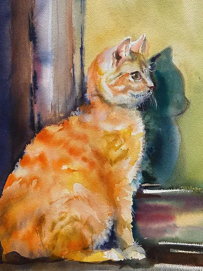 A watercolor painting of a ginger cat sitting by a window, its shadow cast on the wall. After watching hundreds of cat reels, I was inspired to paint this quiet, contemplative moment.