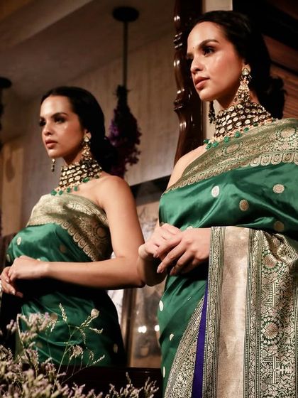 A final reflection shot from the Soho Begum campaign, capturing the model's grace and the timeless beauty of the silk saree.