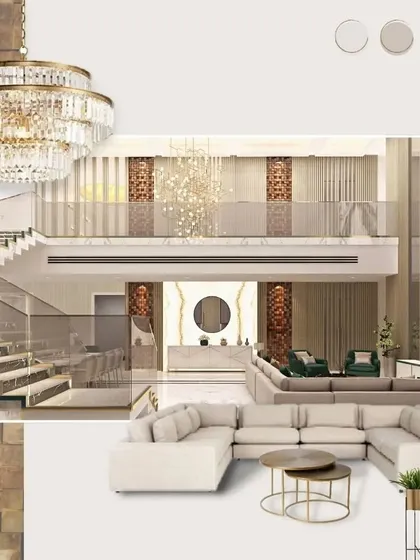 A mood board collage for the Afsar Sheikh residence, showing the interplay of textures and tones. This visualization captures the intended feel of the space, combining a grand crystal chandelier with neutral sofas and warm metallic accents.